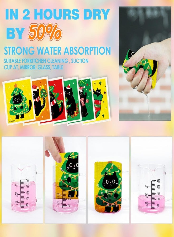 Morigins Colorful Christmas Black Cat Swedish Kitchen Towel Winter Snowflake Christmas Bell Absorbent Hand Towel Reusable Quick-Dry Kitchen Cleaning Cloth Cellulose Sponge Cloth 6-Piece Set - Image 4